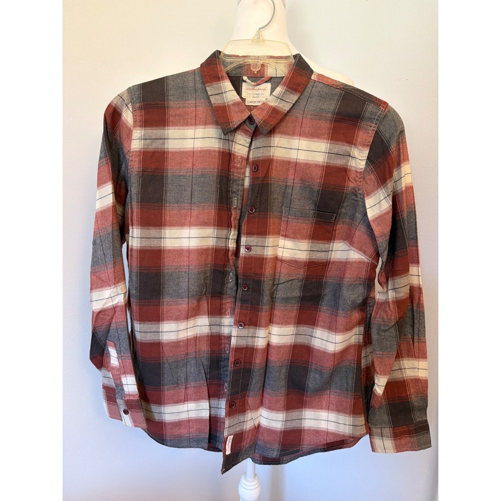Weatherproof Vintage Comfort Stretch Plaid Flannel Shirt Red Grey Large